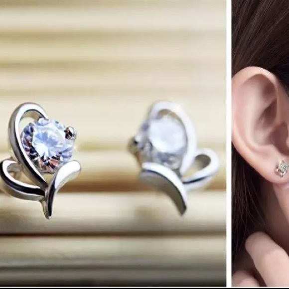 Sterling Silver Heart Diamond Stud Earrings - Picture 3 of 5